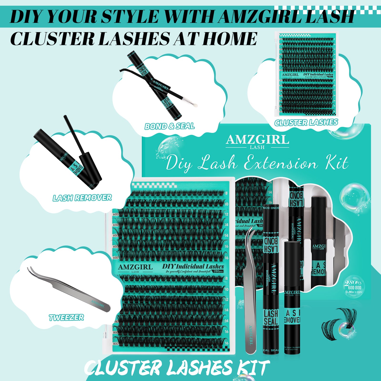 AMZGlRL 60D80D Lash Extension Kit Individual Lash Clusters Kit