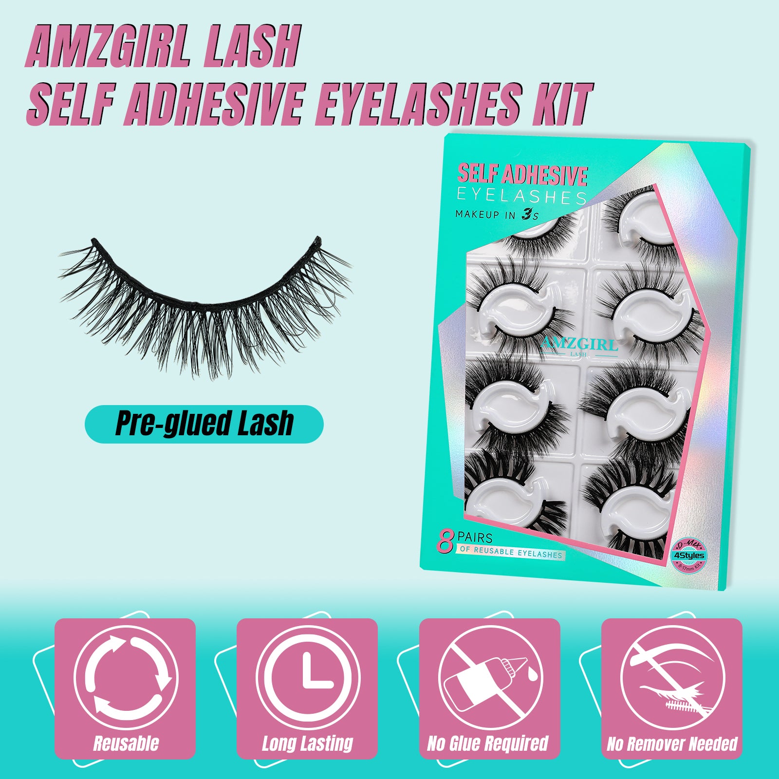 AMZGlRL 8 Pairs 4styles Self Adhesive Eyelashes No Glue Needed