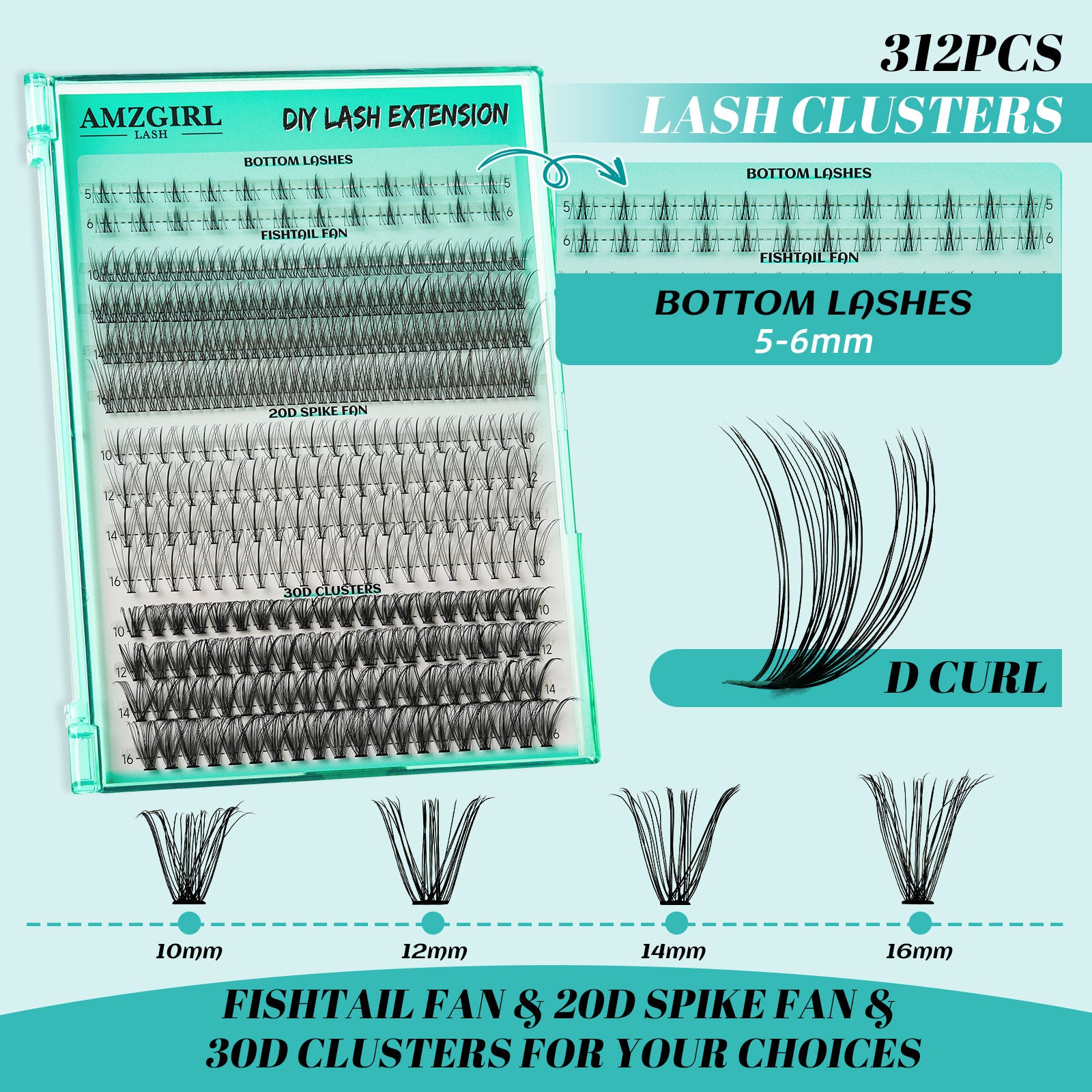 AMZGIRL 4Styles Lash Clusters Extension with Bottom Lashes 312 pcs