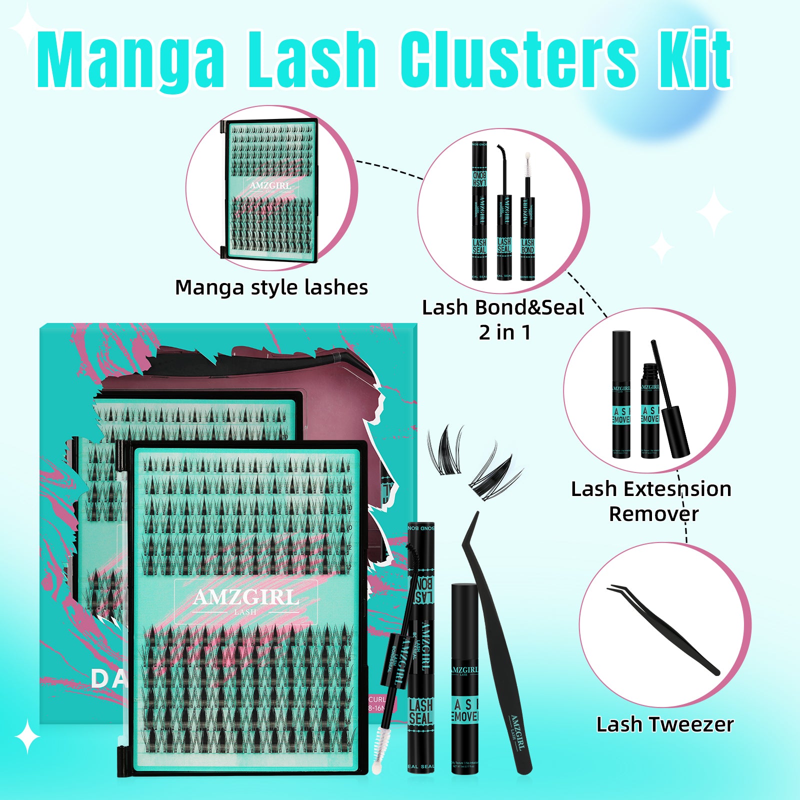 AMZGIRL Manga Lash Clusters Kit Anime Extension Kit（144PCS）C curl