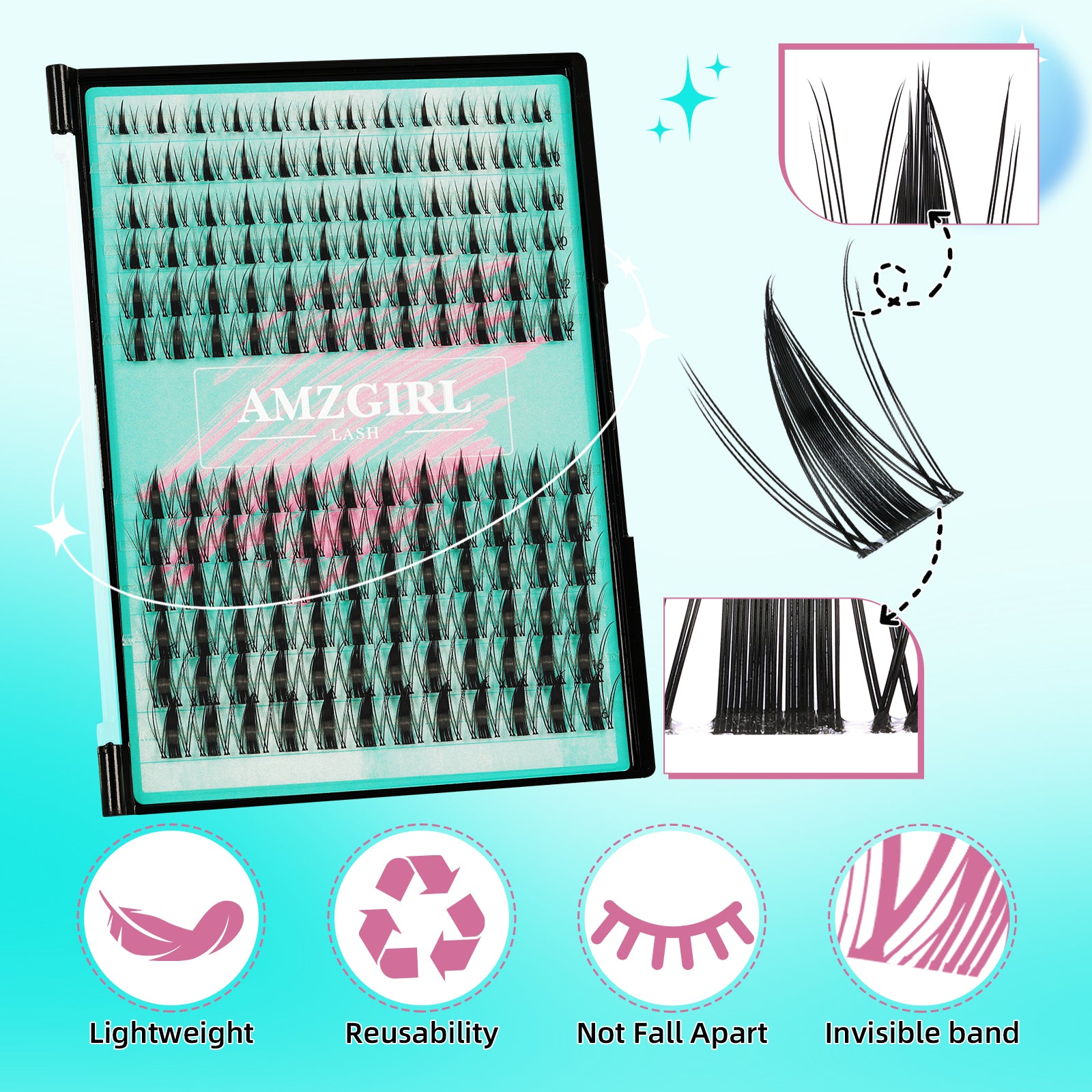 AMZGIRL Manga Lash Clusters Kit Anime Extension Kit（144PCS）C curl