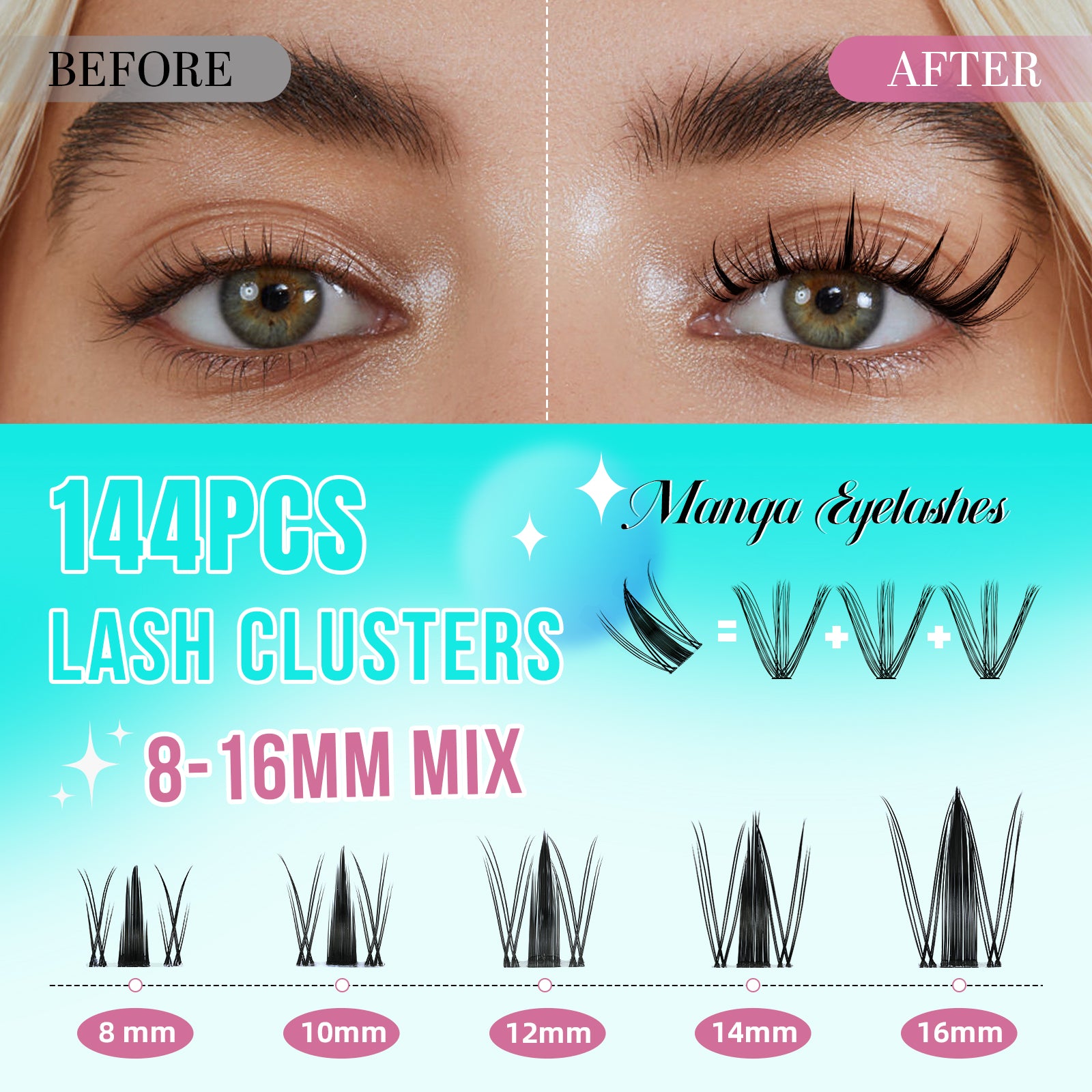 AMZGIRL Manga Lash Clusters Kit Anime Extension Kit（144PCS）C curl